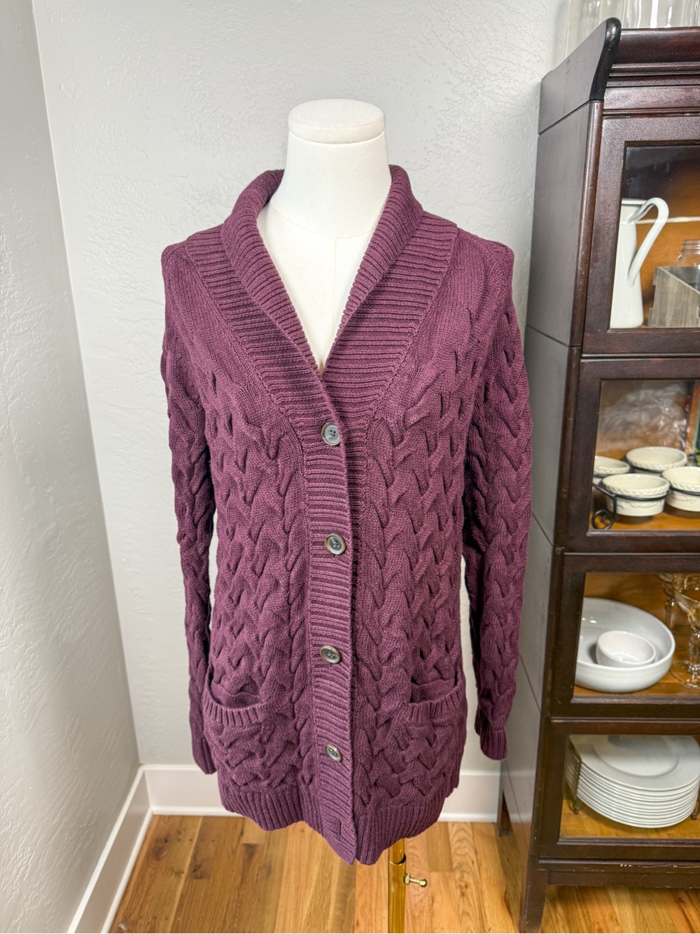Lands’ End Drifter Burgundy Purple Cotton Cable Knit Cardigan Sweater Size XS